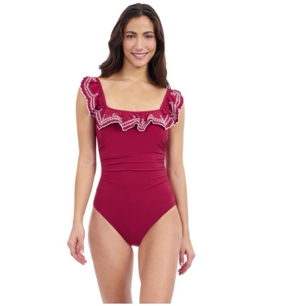 Profile Gottex Lola Women Size 8 Square Neck Laser Ruffle 1 Piece Swimsuit Brick